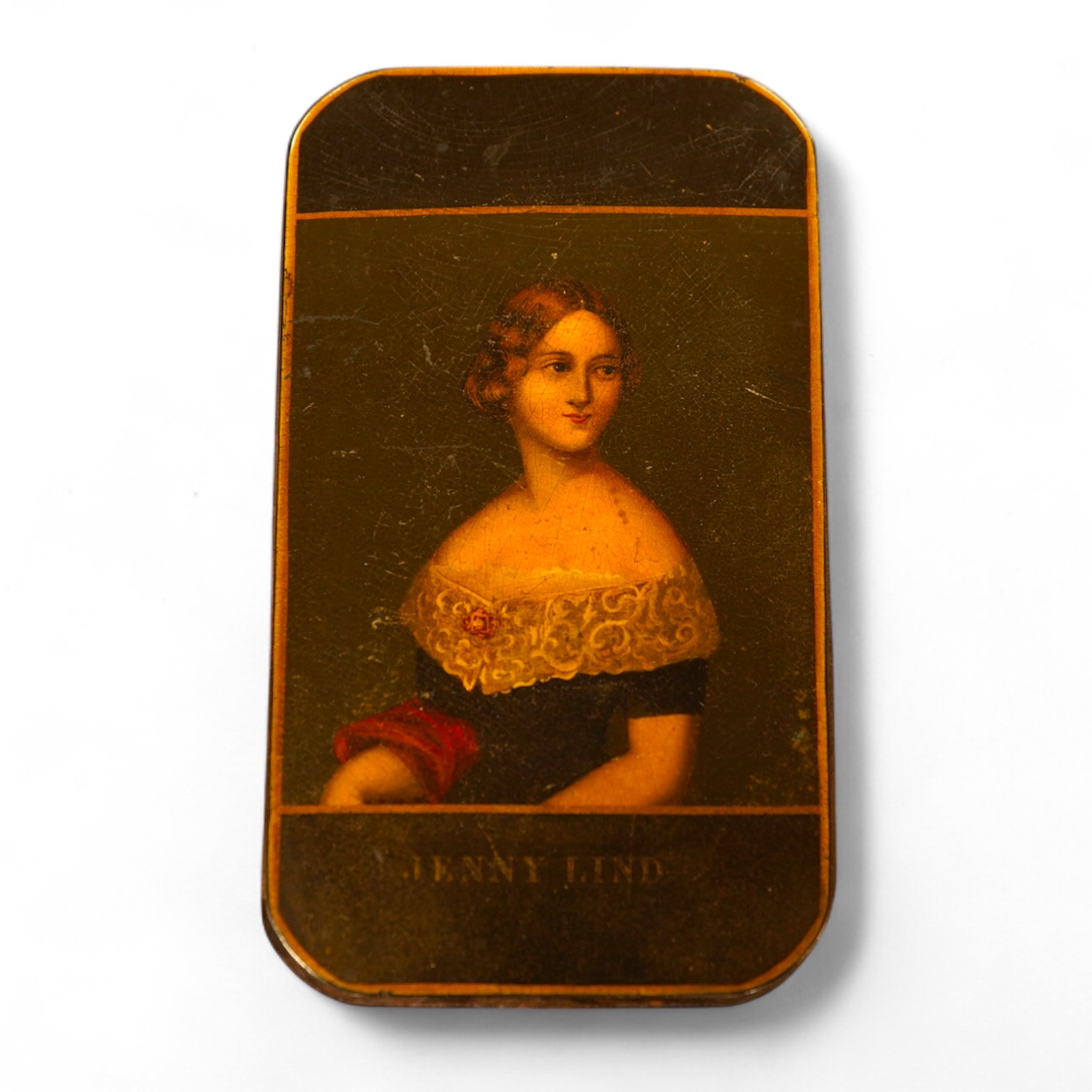 A Victorian papier-mâché cigar envelope with a portrait of Jenny Lind to the cover, 13cm high